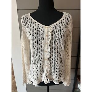 J Jill Silk Linen‎ Knit Crochet Cardigan Sweater Beige Open Weave Button Up S